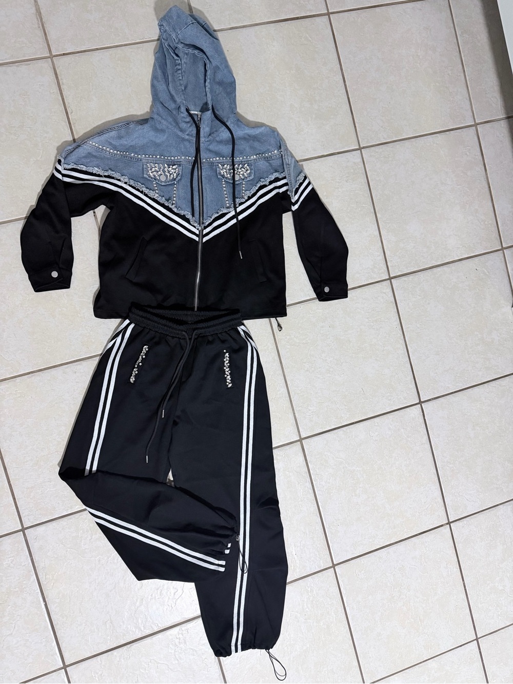 Kids Black & Denim Hooded Track Set – Zip Jacket & Joggers